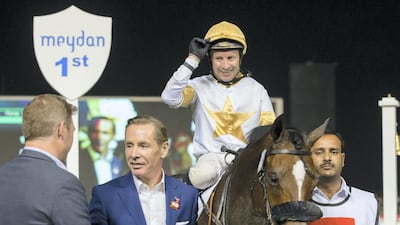 Tadhg O'Shea guides Satish Seemar-trained Speedy Move to victory at Meydan Racecourse on Thursday. Erika Rasmussen for The National