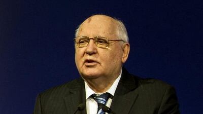 The former Soviet leader Mikhail Gorbachev addresses the government communications forum in Sharjah. Al Moutasim Al Maskery / AP Photo