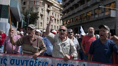 People protest in Athens against pension cuts planned for 2019. Pensions are expected to be hit following Greece 's financial bailout rescue programme. Petros Giannakouris/AP
