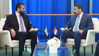 Syrian President Ahmad Al Shara, left, and Iraqi Prime Minister Ali Al Zaidi meeting in New York. Iraqi Prime Minister's Office