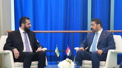 Syrian President Ahmad Al Shara, left, and Iraqi Prime Minister Ali Al Zaidi meeting in New York. Iraqi Prime Minister's Office