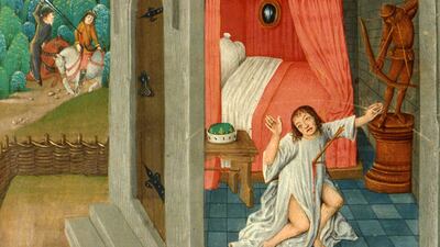 Detail from a page of 'The St Alban’s Chronicle' showing the killing of Edmund Ironside, late 15th century, England and Bruges, vellum, 43 x 31cm.