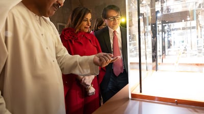 Sheikha Bodour Al Qasimi, centre, and Eisa Yousif, left, the general director of Sharjah Archaeology, at the inauguration of From Sharjah to Rome: Along the Spice Route, in the Italian capital. Photo: Sharjah Investment and Development Authority