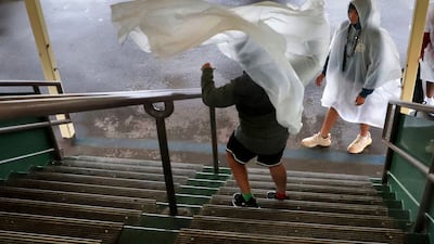 A gust of window blows a guest's rain poncho on the ferry on the way to the Magic Kingdom at Walt Disney World. AP