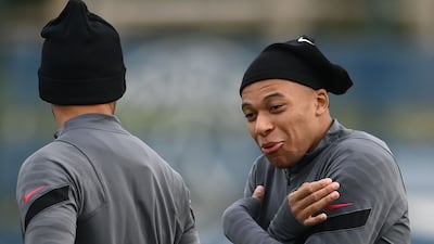 Kylian Mbappe gestures during a training session at PSG's Camp des Loges training ground. AFP
