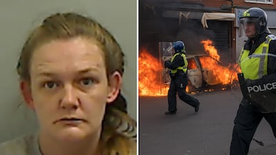 Stacey Vint, 34, left, has been jailed for 20 months for her involvement in riots in Middlesbrough. Right: A car burns after it was set alight by the far-right during a demonstration in the town. PA