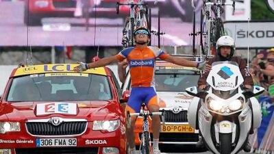 Rabobank Cycling Team rider Luis Leon Sanchez was ecstatic to cross the finish first and collect the Stage 14 win while behind him ...