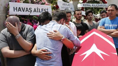 Grieving relatives of Habibullah Sefer, who was killed in the June 28 attack on Ataturk airport, at a funeral in Istanbul on June 30, 2016. Sedat Suna/EPA