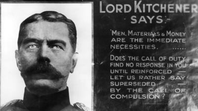 British soldier Lord Horatio Herbert Kitchener featured in an army recruitment poster in 1915