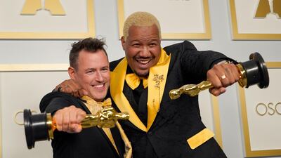 Live Action Short Film: Martin Desmond Roe and Travon Free, for Two Distant Strangers', pose in the press room at the Oscars on Sunday, April 25, 2021, at Union Station in Los Angeles. AP Photo