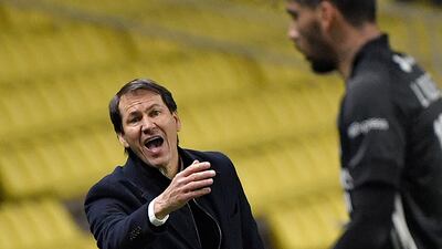 Lyon's French head coach Rudi Garcia gestures during the French Ligue 1 match against Nantes at the La Beaujoire Stadium in Nantes, western France, on April 18, 2021. AFP
