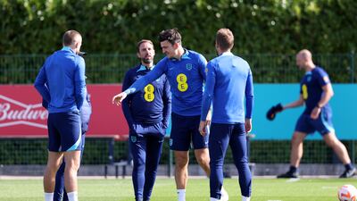 England defender Harry Maguire makes a point during training. Getty