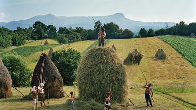 Rena Effendi: The whole Borca family, from Breb village, puts finishing touches on one of the 40 haystacks it makes each summer in Maramures, Romania, 2012. From the series: Transylvania: Builton Grass, 2012 © Rena Effendi, Prix Pictet