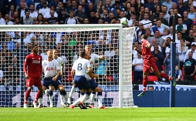 Georginio Wijnaldum, far right, heads in Liverpool's first goal. The last three goals Tottenham have conceded have been from set pieces. Reuters