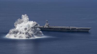 The aircraft carrier USS Gerald R. Ford (CVN 78) completes the first scheduled explosive event of Full Ship Shock Trials while underway in the Atlantic Ocean, June 18, 2021. The US Navy conducts shock trials of new ship designs using live explosives to confirm that warships can continue to meet demanding mission requirements under harsh conditions they might encounter in battle. Photo: US Navy