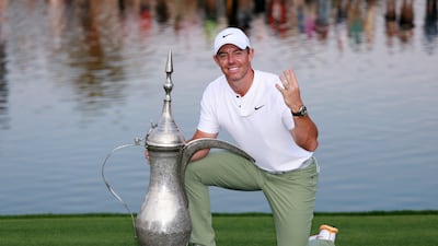 Rory McIlroy after winning his fourth Dubai Desert Classic title at Emirates Golf Club. Getty Images