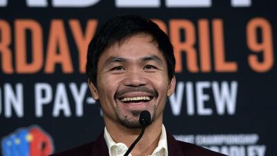 Manny Pacquiao speaks during a news conference on Tuesday for his April 9 fight against Timothy Bradley in Las Vegas. Kevork Djansezian / Getty Images / AFP / January 19, 2016