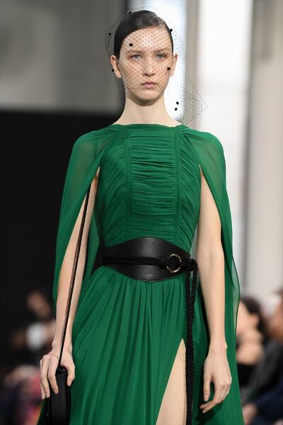 An emerald green dress on the Elie Saab runway. Getty Images