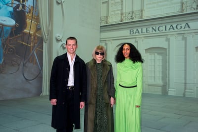 Vogue editor-in-chief Anna Wintour, centre, with creative editorial director Mark Guiducci and British Vogue's head of editorial content Chioma Nnadi at the Lightroom. PA