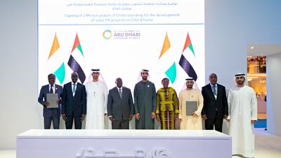 Dr Sultan Al Jaber, Minister of Industry and Advanced Technology, and chairman of Masdar, with officials from the clean energy company and the Ivory Coast at the signing ceremony. Photo: Masdar