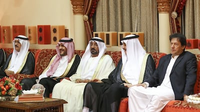 Imran Khan, Prime Minister of Pakistan, was at the Future Investment Initiative in Riyadh. He is pictured with Sheikh Ahmed bin Saeed Al Maktoum, centre. Wam