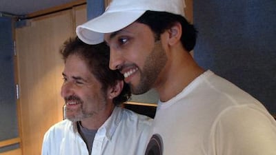 The composer James Horner and the Qatari singer Fahad Al Kubaisi at work on the Black Gold soundtrack in London.