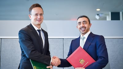 Sheikh Abdullah bin Zayed, Minister of Foreign Affairs and International Cooperation, with Peter Szijjarto, Hungarian Minister of Foreign Affairs. WAM