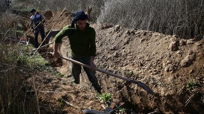 Fighters from the Free Syrian Army's Al Majd brigades digging a trench in the rebel-held besieged area of Al Marj in the Eastern Ghouta of Damascus, Syria on February 18, 2017. As ISIL's territory in Iraq shrinks, the extremist group has expanded into areas of Syria, such as Ghouta, in which its presence had been previously lighter. Bassam Khabieh/Reuters
