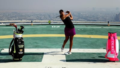 Cheyenne Woods spent time at the helipad on top of the Burj Al Arab Hotel after her second round of the Omega Dubai Ladies Masters on the Majlis Course at the Emirates Golf Club. Warren Little / Getty Images