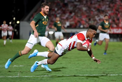 Japan full-back Kotaro Matsushima scores a try against South Africa in their World Cup warm-up match at Kumagaya Rugby Stadium on September 6. AP