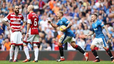 Martyn Waghorn of Rangers celebrates scoring the equalising goal during the Scottish Premiership match between Rangers and Hamilton Academical at Ibrox Stadium on August 6, 2016 in Glasgow, Scotland. Lynne Cameron / Getty Images