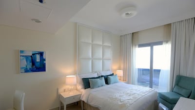One of the bedrooms in the three-bedroom apartment the Damac Maison tower in Dubai.. Satish Kumar / The National