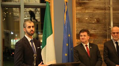 Omar Al Olama, UAE Minister of State for Artificial Intelligence, opened the exhibition at the UN headquarters in New York. Courtesy Ministry of Cabinet Affairs and The Future