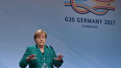 German chancellor Angela Merkel speaks during the final press conference on the second day of the G20 Summit in Hamburg, Germany, on July 8, 2017. Patrik Stollarz / AFP