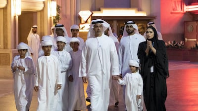 Sheikh Saif bin Zayed, Deputy Prime Minister and Minister of Interior, attends the opening of Warner Bros World Abu Dhabi. Seen with Sheikh Zayed bin Hamed, Sheikh Saif bin Hamed, Sheikh Ahmed bin Hamed and other young dignitaries. Eissa Al Hammadi for The Crown Prince Court