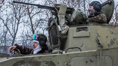 Ukrainian soldiers prepare to drive in the direction of the embattled town of Debaltseve on February 16, 2015 in Artemivsk, Ukraine. Brendan Hoffman / Getty Images