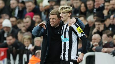 Newcastle manager Eddie Howe with new signing Anthony Gordon. Getty