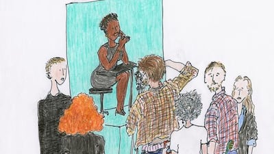 “For that moment you’re sure of what you’re doing. You have to be. So after the 10th shot, you tend to relax a bit,” muses Coddington in the Some Style is Legendary behind-the-scenes short. This illustration by Coddington depicts herself and the crew shooting Lupita Nyong’o on set. Illustration by Grace Coddington