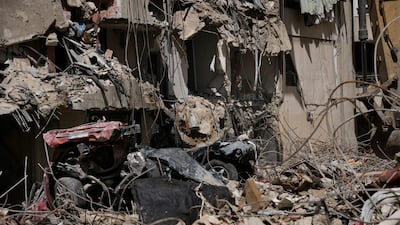 The rubble at one site of Friday's Israeli strike on Dahieh in south Beirut. AP