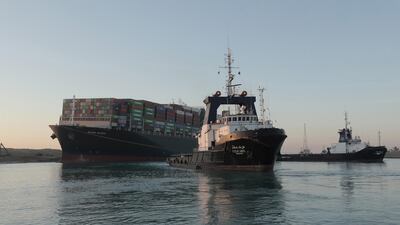 The 'Ever Given' container ship pictured after it was partially refloated after being stuck in the Suez Canal, in Egypt, for nearly a week, on March 29, 2021. EPA