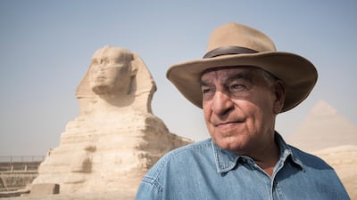 CAIRO, EGYPT - September 20: Portrait of Dr. Zahi Hawass in front of the Sphinx and Pyramids of Giza on September 20, 2016 in Cairo, Egypt. Zahi Hawass is an Egyptian archaeologist, an Egyptologist, and former Minister of State for Antiquities Affairs. He has also worked at archaeological sites in the Nile Delta, the Western Desert, and the Upper Nile Valley. (Photo by David Degner/Getty Images)
