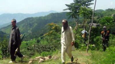 Pakistani Taliban walk in the mountains area of Tarran, in the northwestern Swat valley.