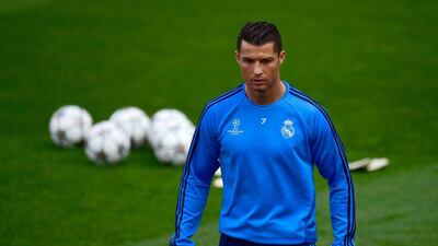 Cristiano Ronaldo and his Real Madrid teammates undertook training ahead of their Uefa Champions League quarter-final second leg against Wolfsburg. Pierre-Philippe Marcou / AFP