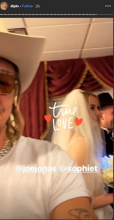 Sophie Turner and Joe Jonas's 2019 Las Vegas wedding was live streamed by American DJ, Diplo. Photo: Instagram / Diplo