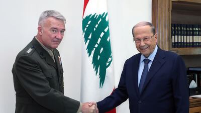 Centcom chief General Kenneth McKenzie meets President Michel Aoun in Beirut on July 8, 2020 during a visit to Lebanon, where the Iran-backed Hizbollah group holds considerable sway. Dalati and Nohra / AFP