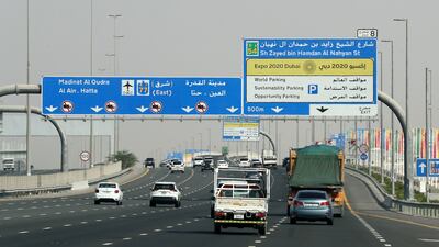 Expo 2020 signs placed on major roads in Dubai. Pawan Singh / The National.