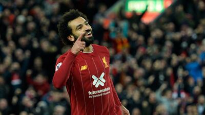 Mo Salah celebrates scoring his 50th home goal for Liverpool in the 2-1 victory over Tottenham. EPA