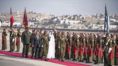 Sheikh Mohamed bin Zayed is received by King Abdullah upon arrival in Amman, commencing an official visit. Hamad Al Kaabi / Ministry of Presidential Affairs