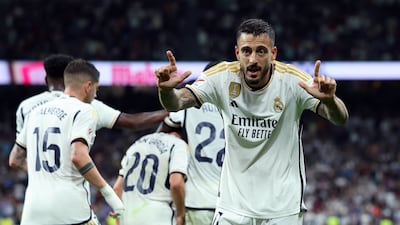 Joselu celebrates scoring Real Madrid's second goal in the 2-1 La Liga win over Real Sociedad. Reuters