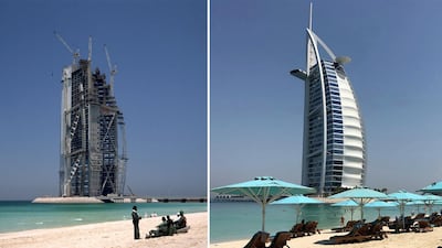 Burj Al Arab under construction in April 1997, left, and the landmark hotel in 2021. Photos: James Davis / Corbis; Chris Whiteoak / The National